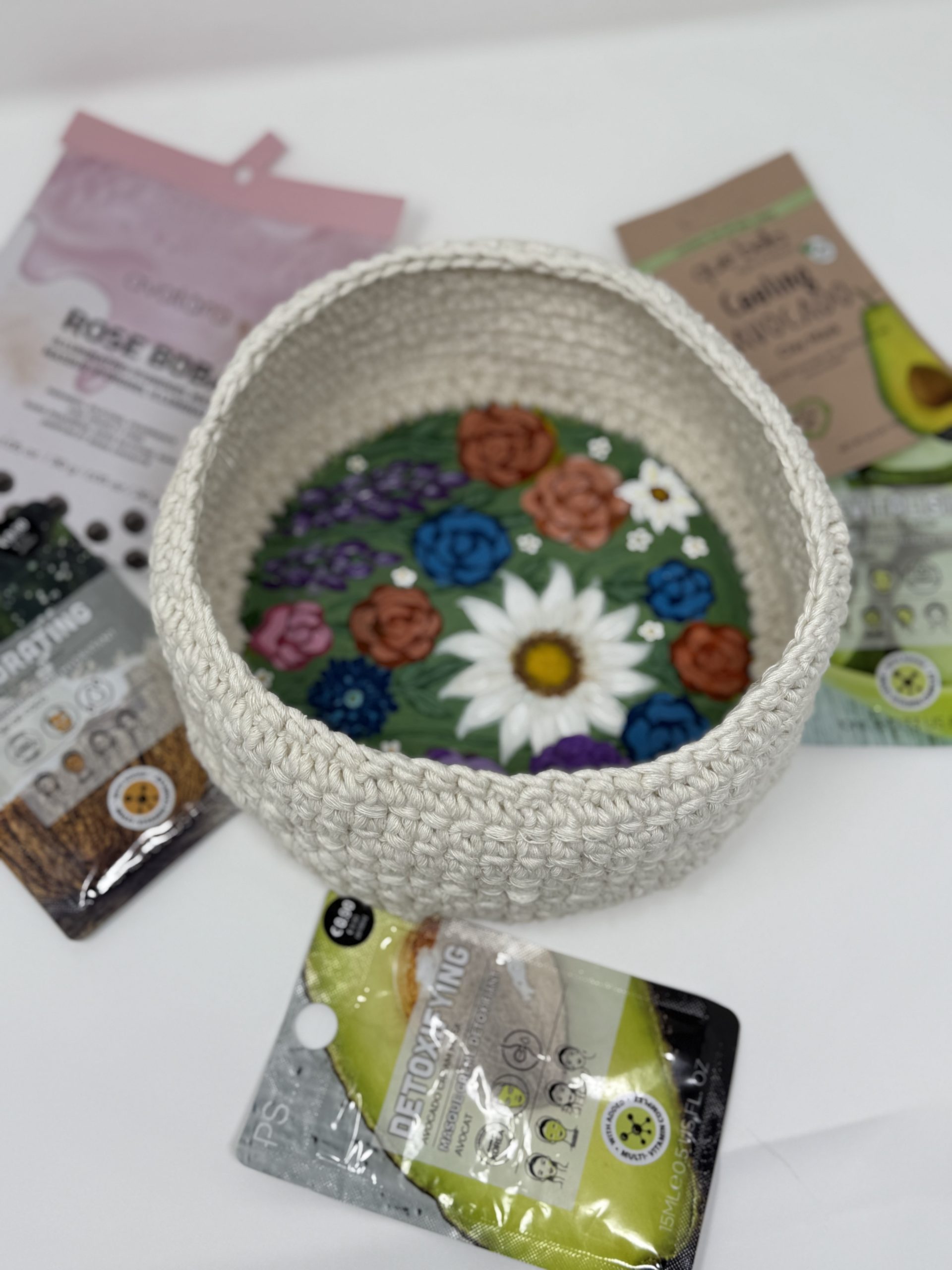 Crochet Basket with Floral Wooden Base - Image 4