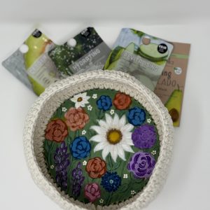 Crochet Basket with Floral Wooden Base