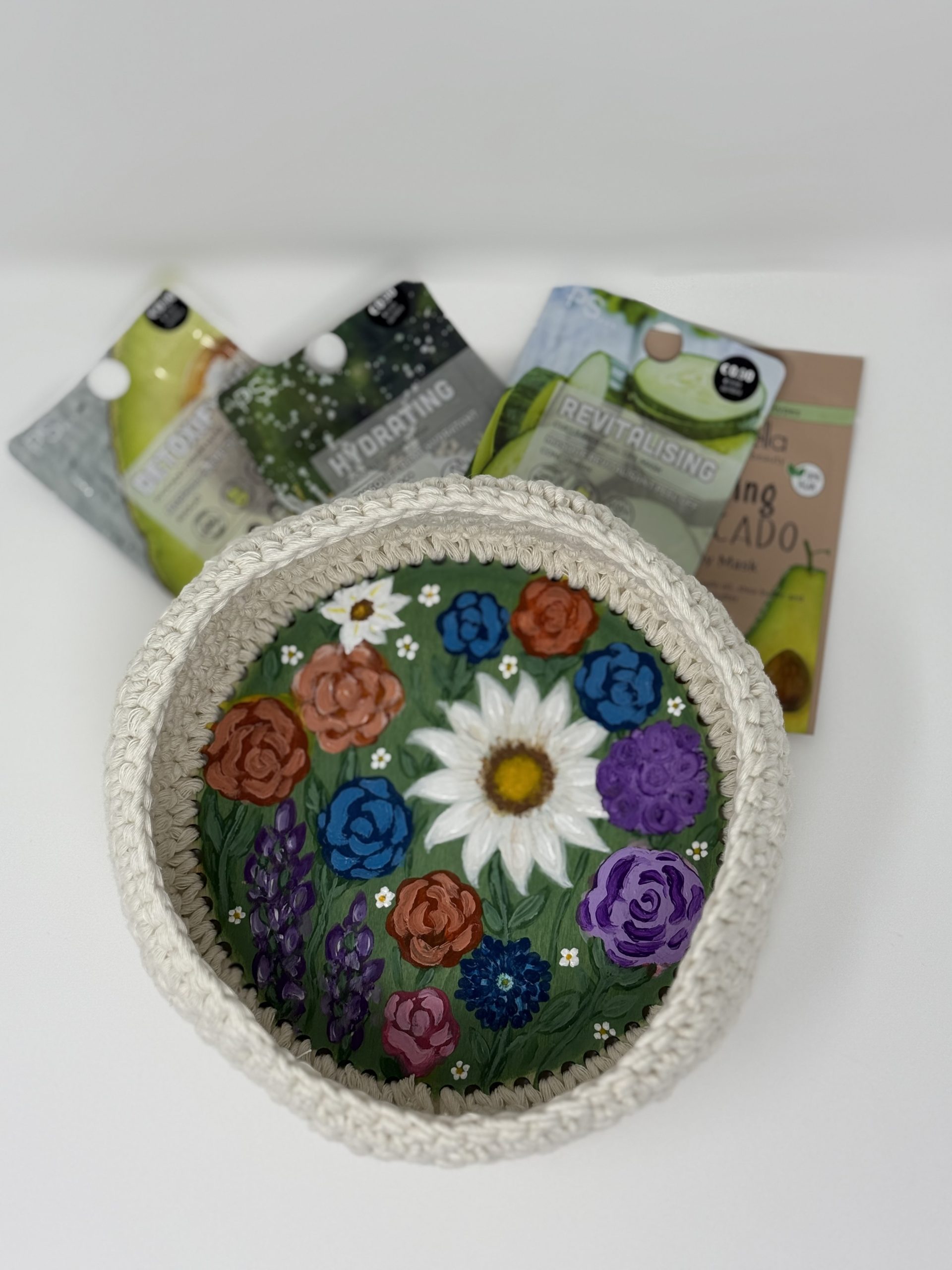 Crochet Basket with Floral Wooden Base